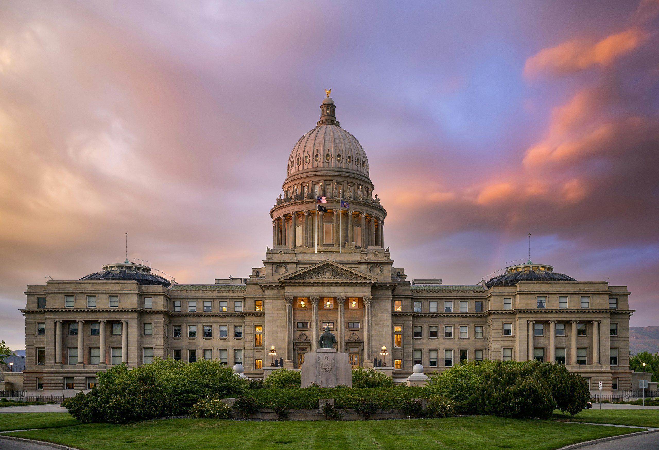 Idaho State Capitol building in Boise at sunset